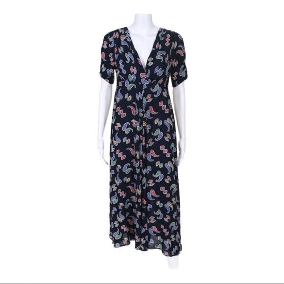 Nathalie Seavers Stanwyck Paisley Dress Navy Maxi Short Sleeve - Picture 1 of 7